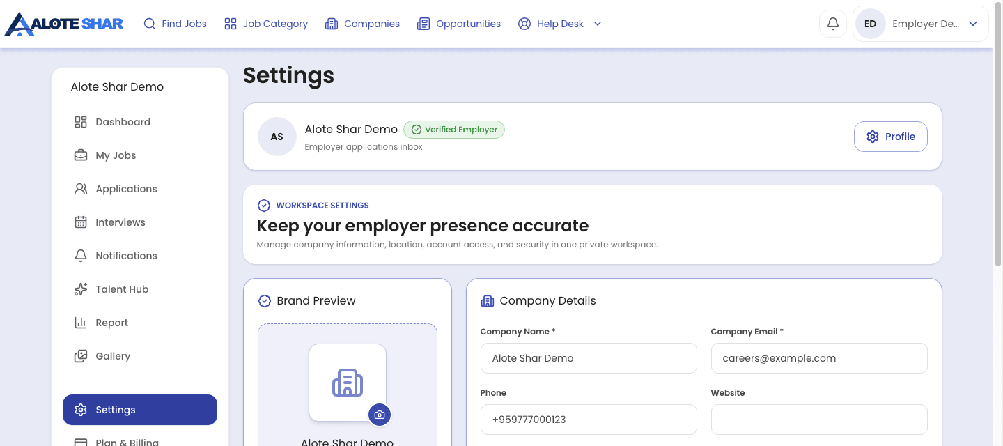 Screenshot of the Alote Shar employer company settings page