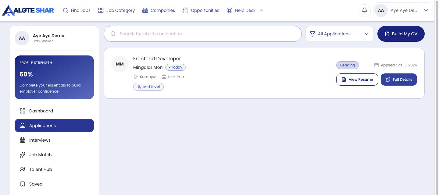 Screenshot of the Alote Shar job seeker applications page